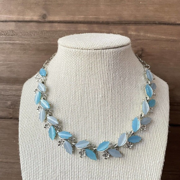 Vintage Thermoset Blue Floral Necklace - Silver Tone - 15” Adjustable - Picture 1 of 7